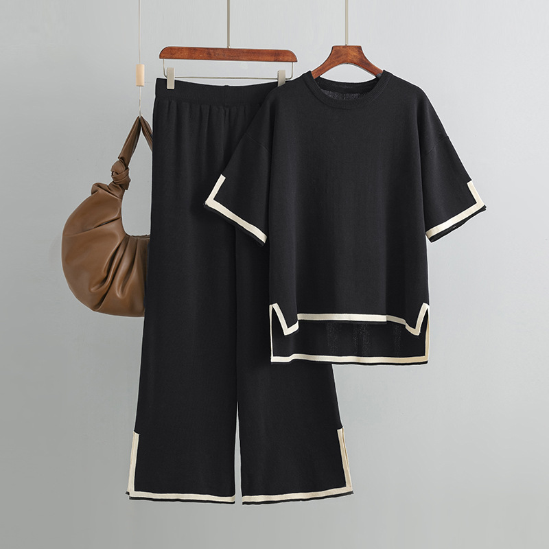 Kurzarm Strickshirt + High Waist Schlankmacher Hose mit weitem Bein, zweiteiliges Set Pa - Bild 25 von 31