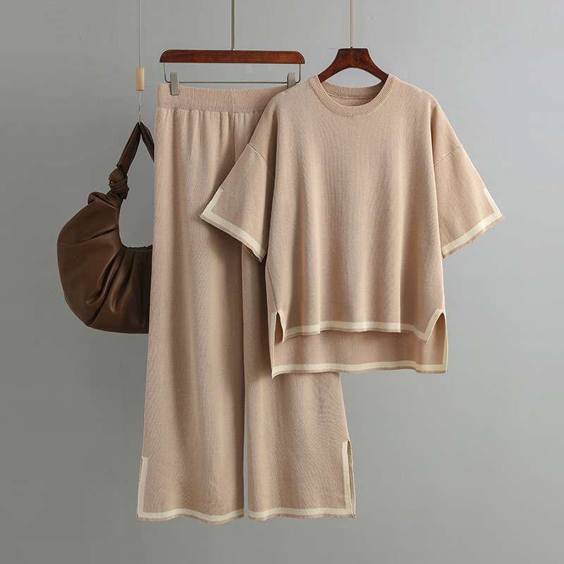 Kurzarm Strickshirt + High Waist Schlankmacher Hose mit weitem Bein, zweiteiliges Set Pa - Bild 27 von 31