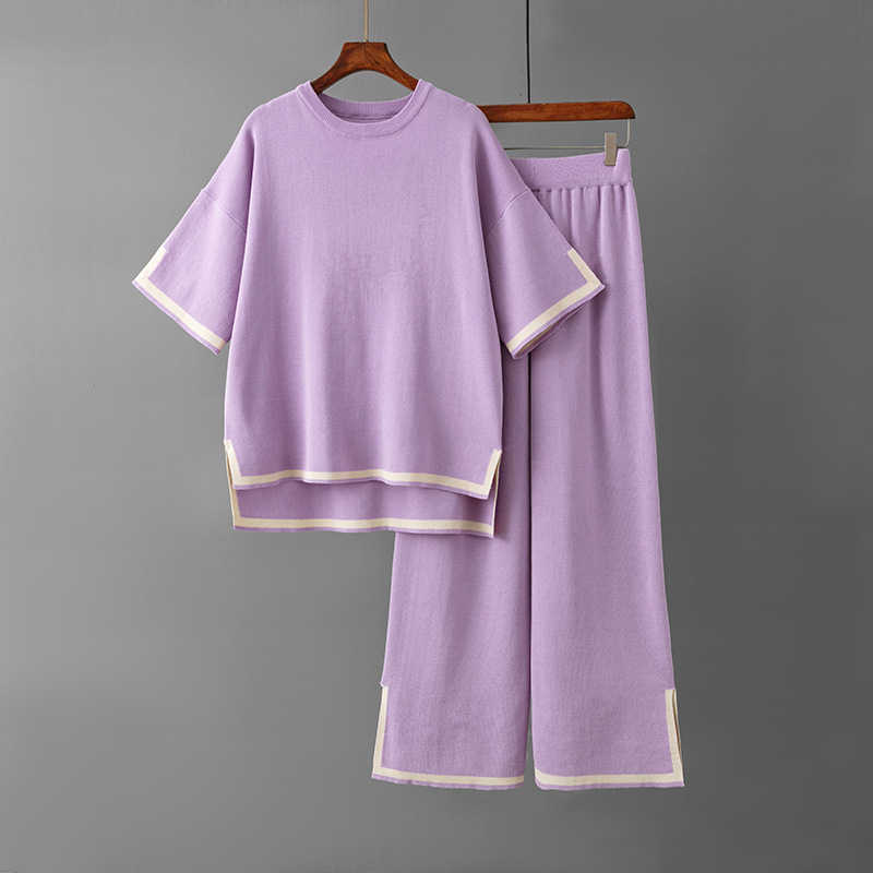 Kurzarm Strickshirt + High Waist Schlankmacher Hose mit weitem Bein, zweiteiliges Set Pa - Bild 29 von 31