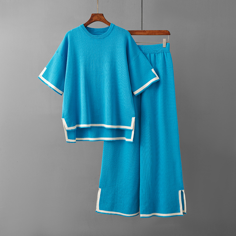 Kurzarm Strickshirt + High Waist Schlankmacher Hose mit weitem Bein, zweiteiliges Set Pa - Bild 30 von 31