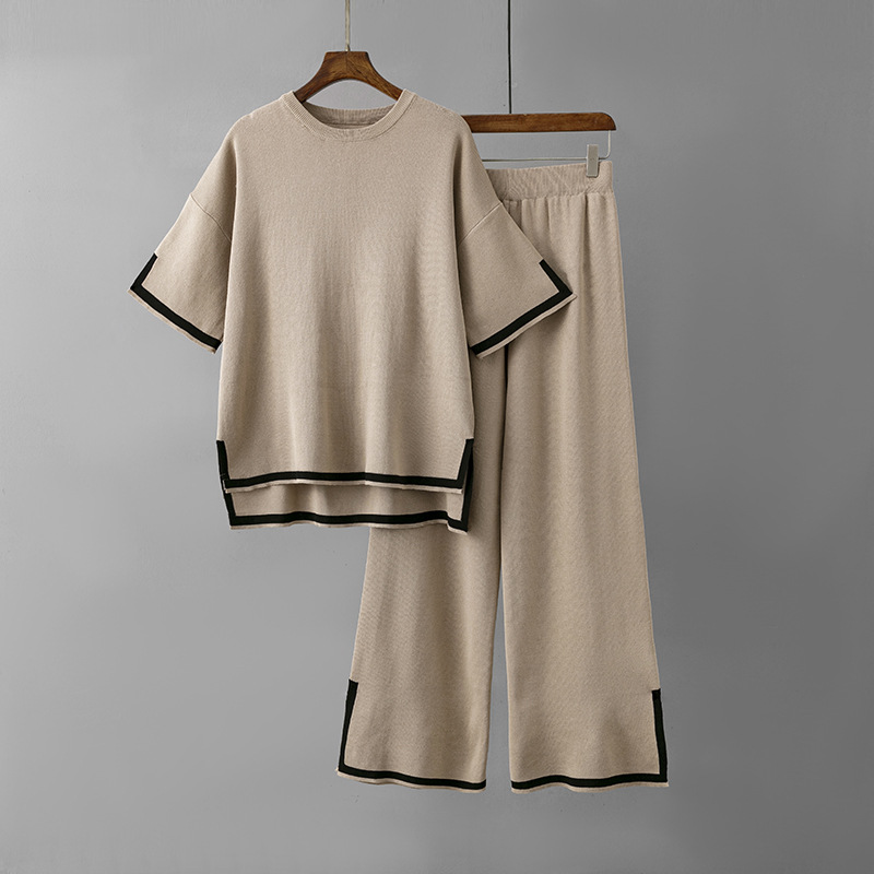 Kurzarm Strickshirt + High Waist Schlankmacher Hose mit weitem Bein, zweiteiliges Set Pa - Bild 31 von 31