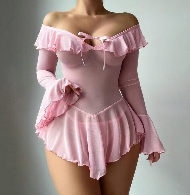 2025 Nueva Venta Caliente Diseñador Sexy Rosa Caliente Ropa para Dormir Manga Larga Malla Lencería - Imagen 5 de 8