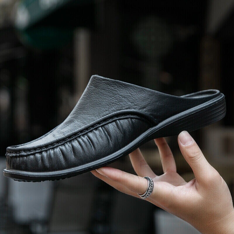 Mens Slippers Open Back House Shoe Black Slip On Comfort Indoor Outdoor Loafer
