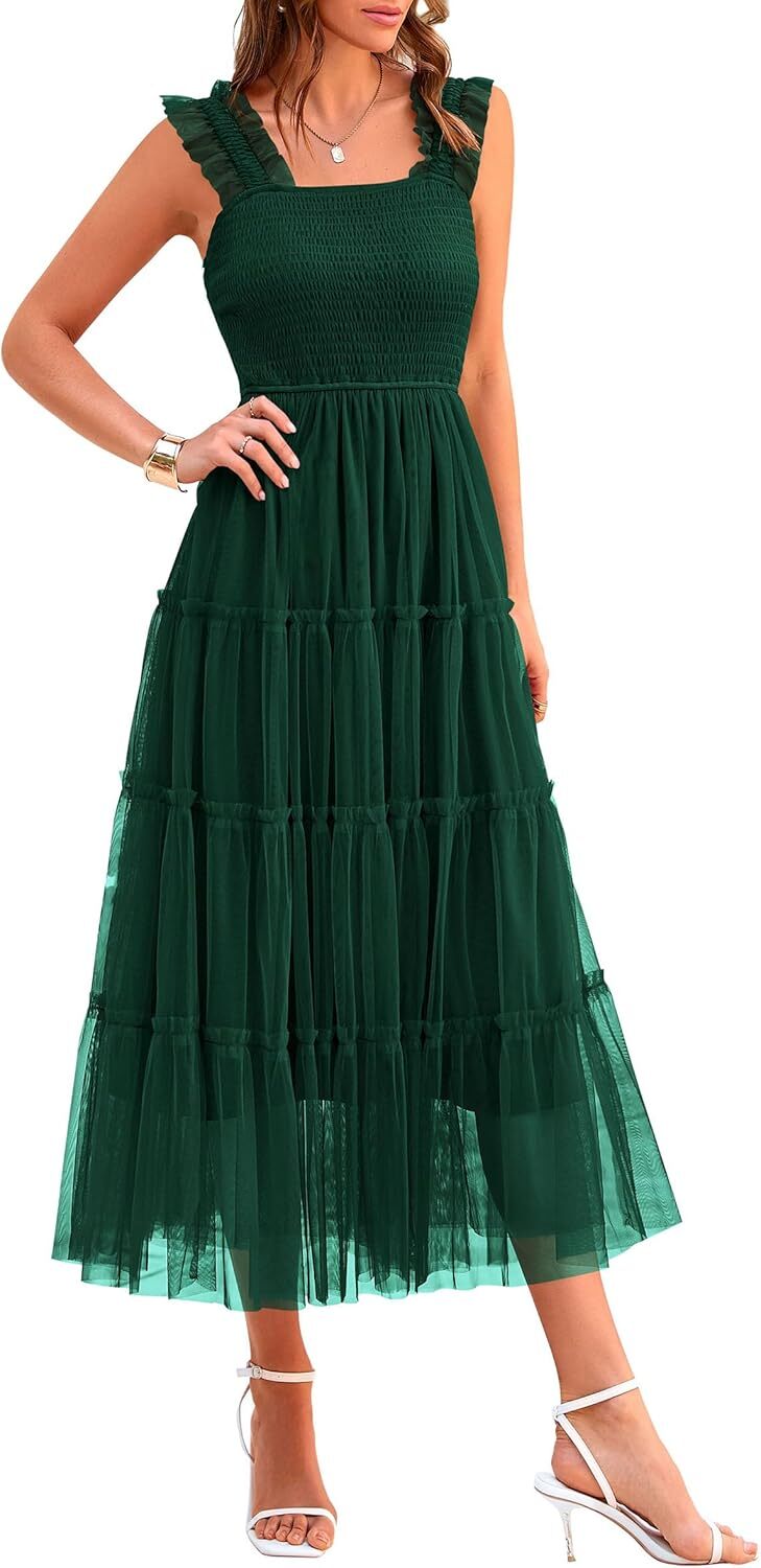 sleeveless smocked ruffle midi dress Women's Ruffle Trim V-Neck Tiered Midi Dress Sleeveless Smocked Waist Flowy A-Line Dress for Summer