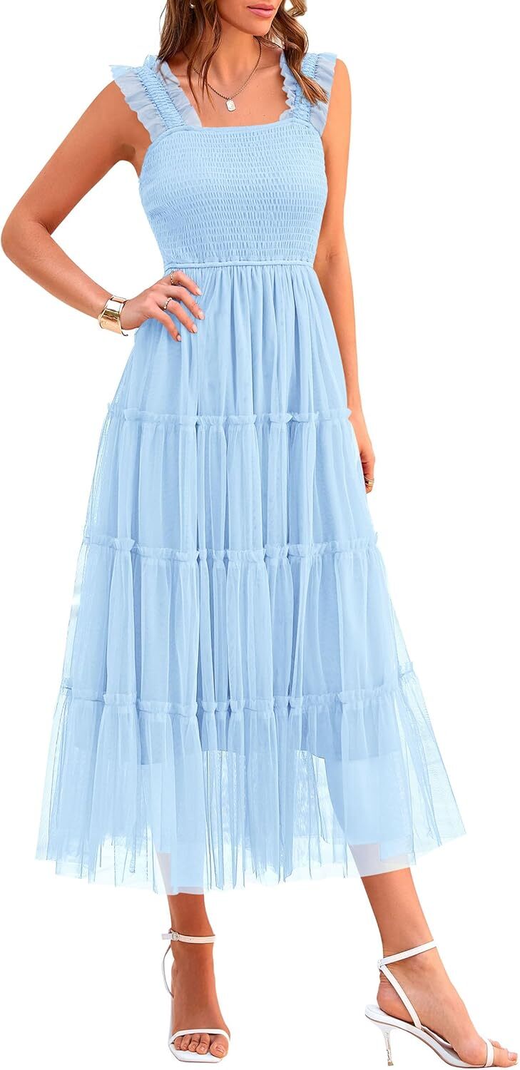 sleeveless smocked ruffle midi dress Sleeveless Smocked-Waist Ruffled Midi Dress