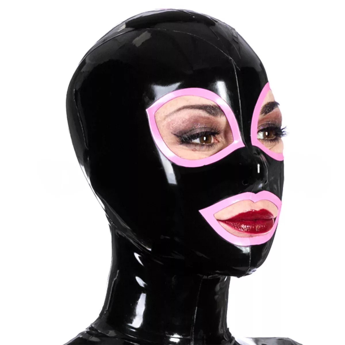 Black Latex Hood with Red Brim Open Eyes Mouth Back Zipper Rubber Mask Club Wear - Picture 5 of 5