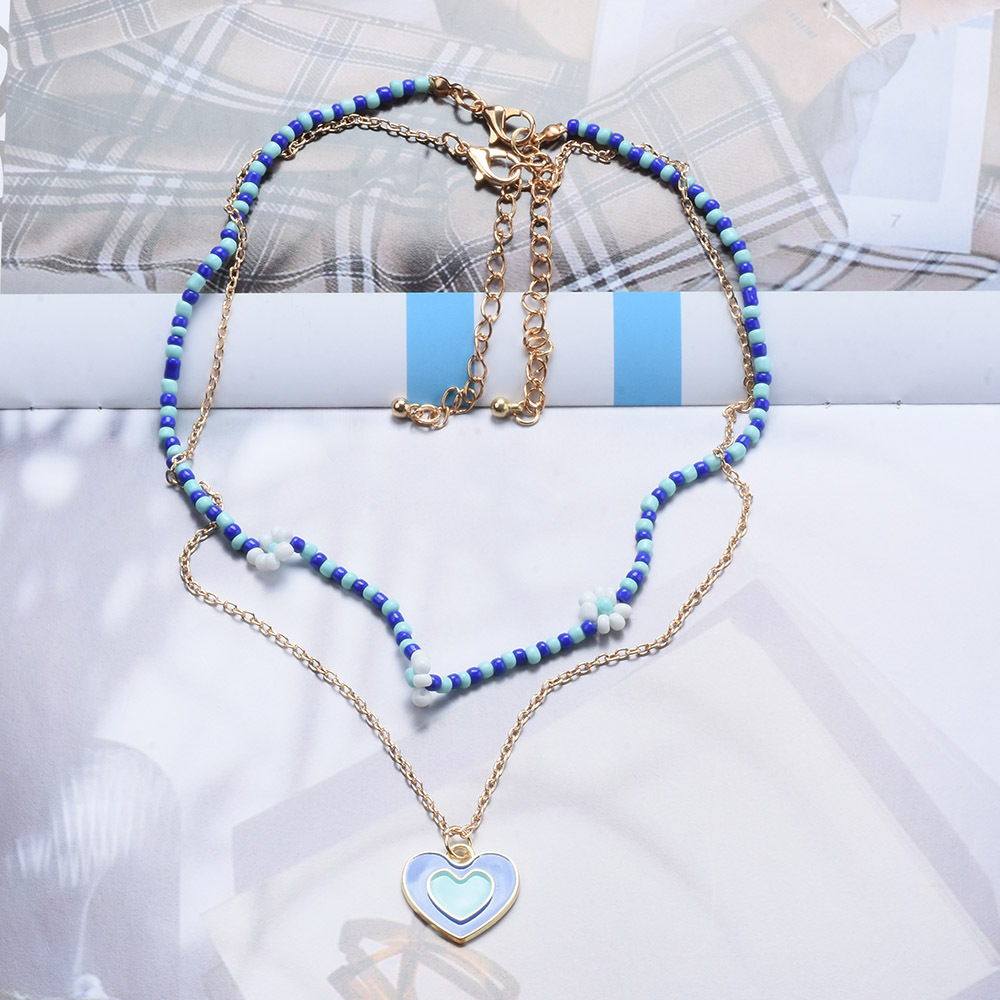 Chaîne de cou double soldes couche chaîne de perles de riz alliage longue chaîne pendentif amour