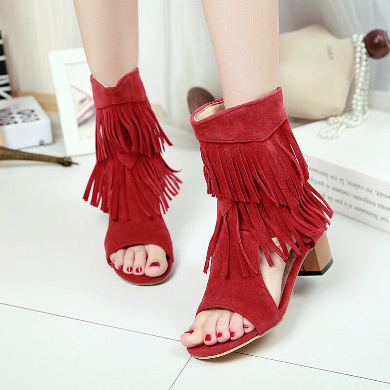 Womens Summer Open Toe Ankle Boots Black Heel Tassels Sandals Roman Shoes - Picture 15 of 17