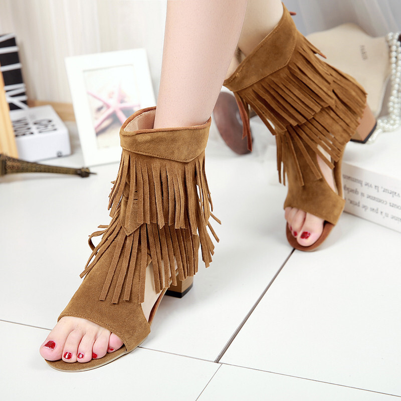 Womens Summer Open Toe Ankle Boots Black Heel Tassels Sandals Roman Shoes - Picture 17 of 17
