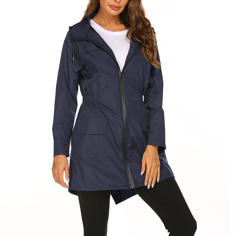 Stylish Women's Waterproof Rain Jacket - Mid-Length Hooded Coat for Rainy Days - Picture 21 of 24