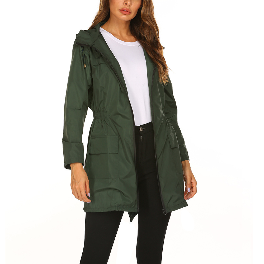 Stylish Women's Waterproof Rain Jacket - Mid-Length Hooded Coat for Rainy Days - Picture 22 of 24