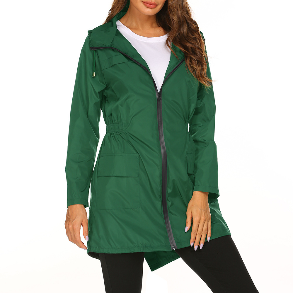 Stylish Women's Waterproof Rain Jacket - Mid-Length Hooded Coat for Rainy Days