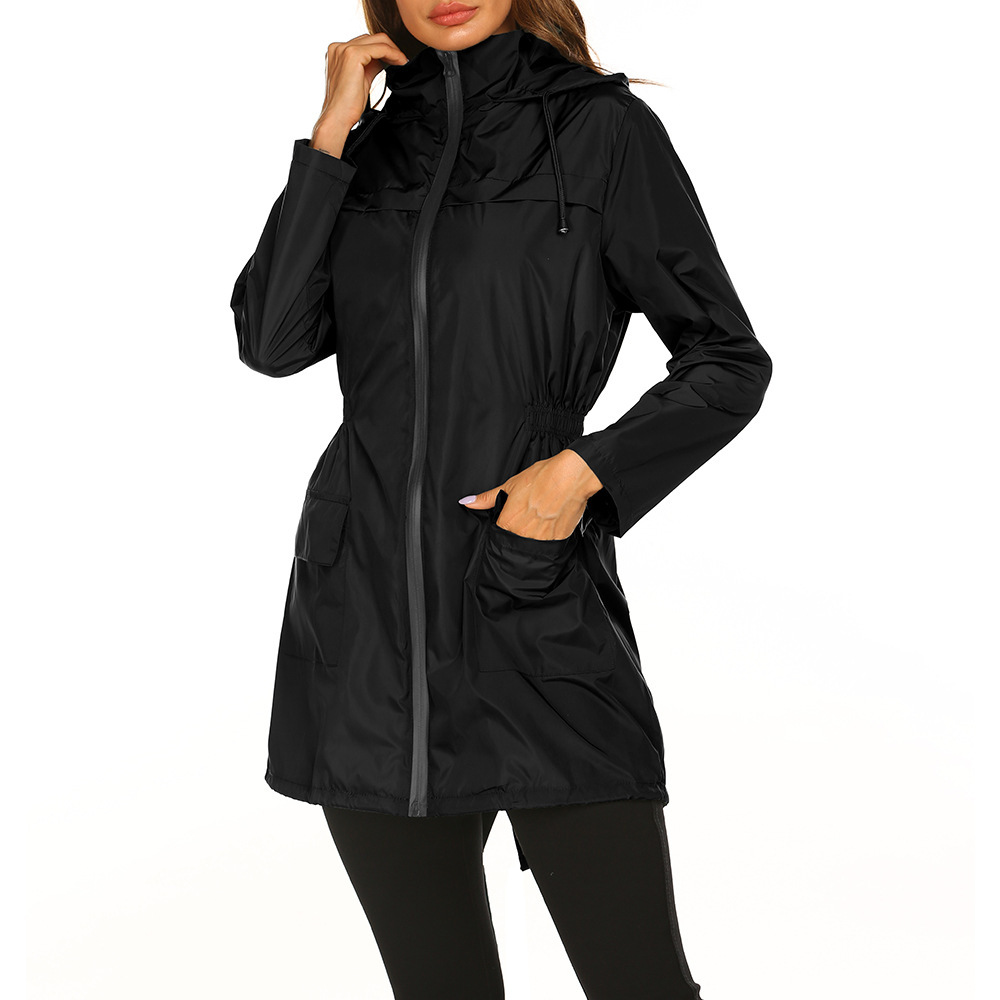 Stylish Women's Waterproof Rain Jacket - Mid-Length Hooded Coat for Rainy Days - Picture 24 of 24