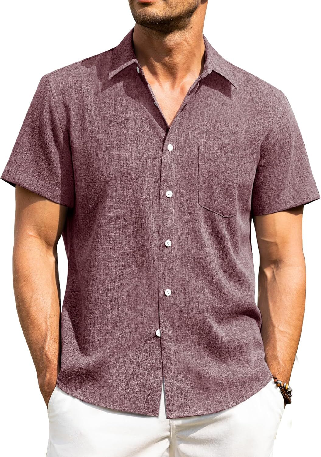 Men’s Linen Shirt Short Sleeve Button Down Wrinkle Free Casual Summer Beach Top