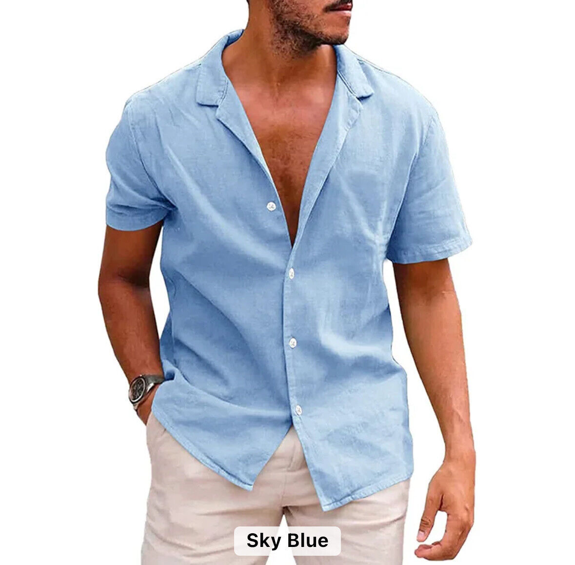 Men's Summer Linen Cotton Tops Short Sleeve Casual Button Down T Shirt - Picture 27 of 27