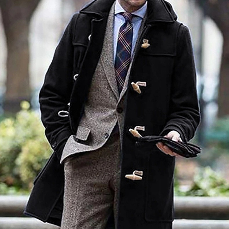 Men's Mid Length Trench Coat Button Business Overcoat Winter Warm Formal Jackets - Picture 9 of 10