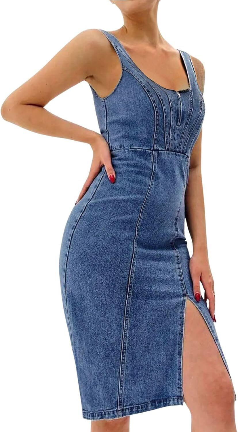Women’s 2025 Sleeveless Side Slit Bodycon Denim Jean Midi Dress for Summer