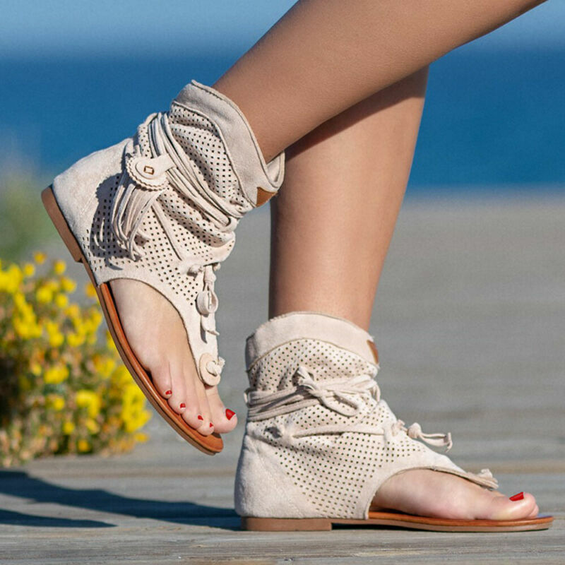 Sandalias con cordones y borlas de verano para mujer Botines Punta abierta Playa Chanclas planas - Imagen 18 de 19