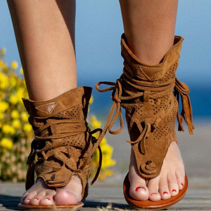Sandalias con cordones y borlas de verano para mujer Botines Punta abierta Playa Chanclas planas - Imagen 17 de 19