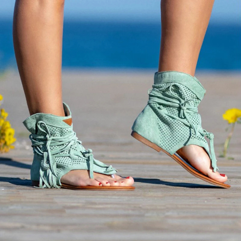 Sandalias con cordones y borlas de verano para mujer Botines Punta abierta Playa Chanclas planas - Imagen 19 de 19