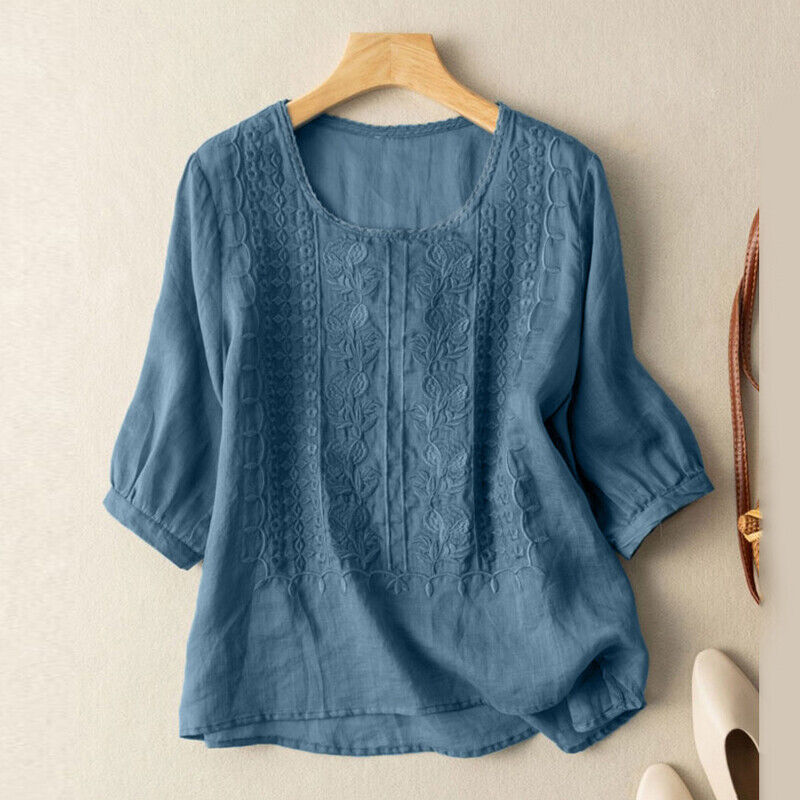 8-24 Women O-Neck 3/4 Sleeve Embroidery Crochet Tops T Shirt Casual Loose Blouse