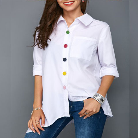 Damen Reverskragen Einreiher Shirts Asymmetrisch Langarm Lockere Oberteile - Bild 4 von 6