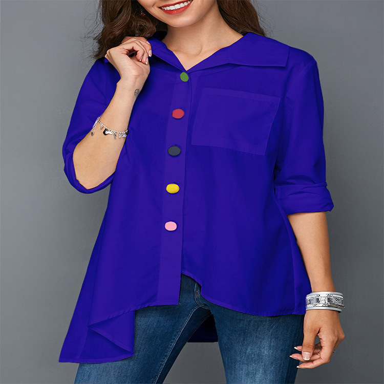 Damen Reverskragen Einreiher Shirts Asymmetrisch Langarm Lockere Oberteile - Bild 5 von 6