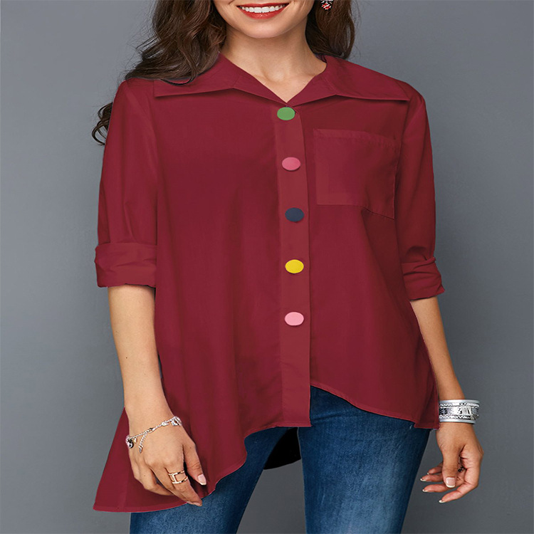 Damen Reverskragen Einreiher Shirts Asymmetrisch Langarm Lockere Oberteile - Bild 6 von 6