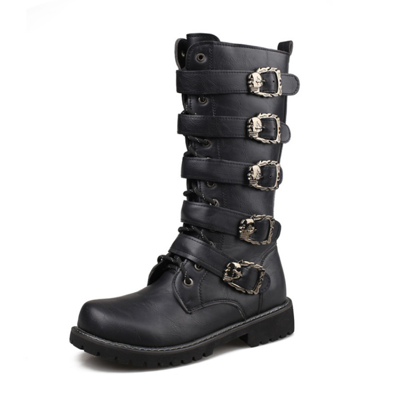 Mens Calf Military Outdoor Boots Leather Motorcycle Boots Gothic Belt Punk Boot - Picture 14 of 14