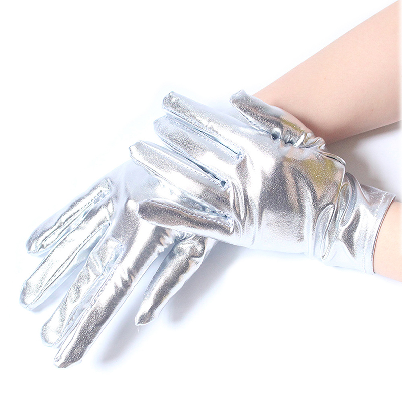 Handschuhe Für Tanzaufführung Und Party Kurz Glänzend Silber Kunstleder - Picture 15 of 15
