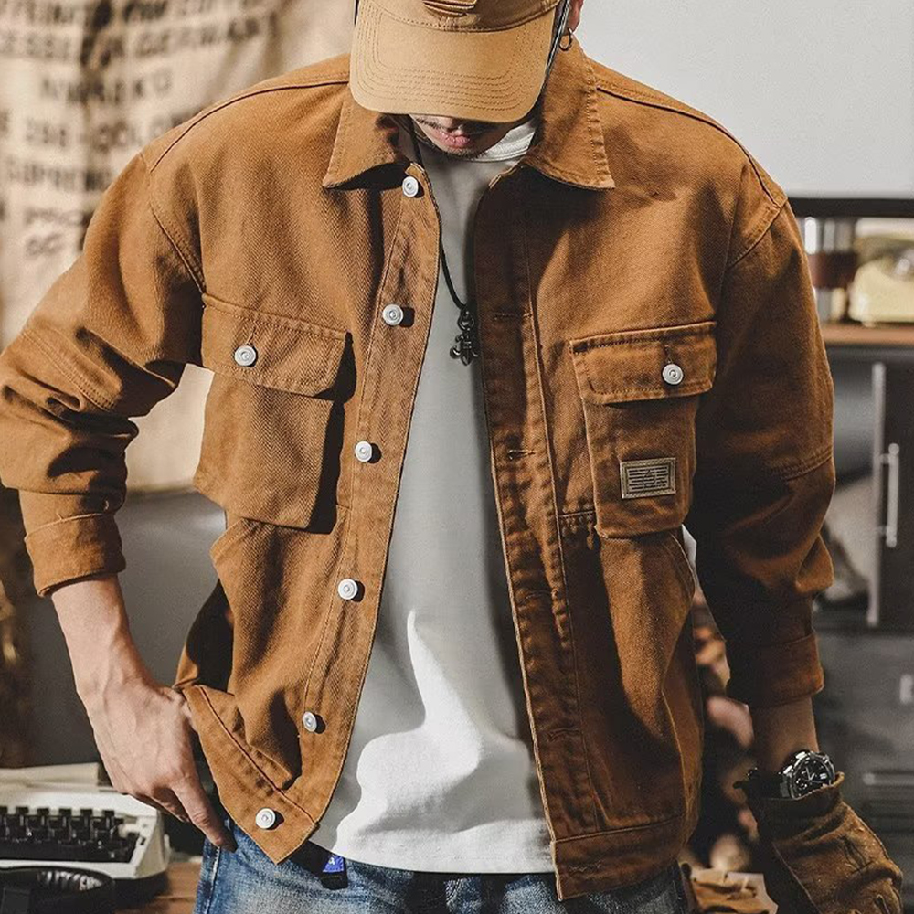 Herren Cargo Jacke Mit Umlegekragen In Kamel Farbe Langarm Polyester Freizeit - Bild 10 von 13