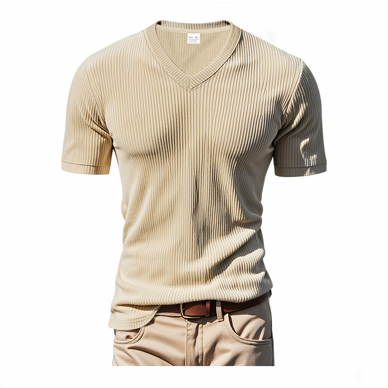 T-shirt uomo scollo a V 2025 sciolta e traspirante con maniche corte in velluto a coste - Foto 27 di 29