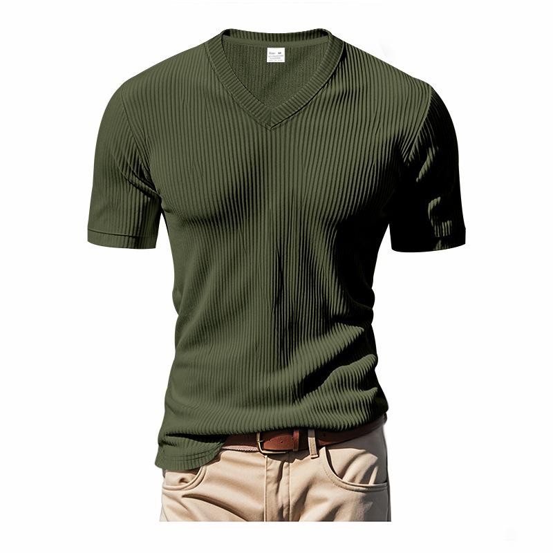 T-shirt uomo scollo a V 2025 sciolta e traspirante con maniche corte in velluto a coste - Foto 28 di 29