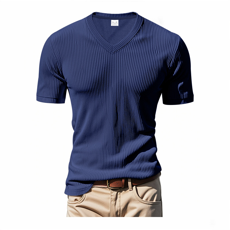 T-shirt uomo scollo a V 2025 sciolta e traspirante con maniche corte in velluto a coste - Foto 29 di 29