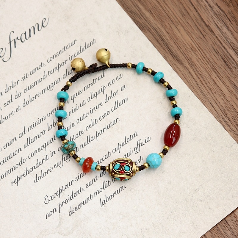 Nepalese Ancient Bronze Bead Bracelet, Women's Tibetan Woven Blue Bracelet - Picture 19 of 32