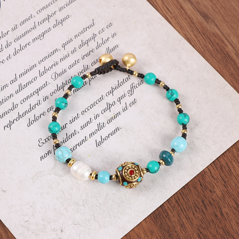 Nepalese Ancient Bronze Bead Bracelet, Women's Tibetan Woven Blue Bracelet - Picture 22 of 32