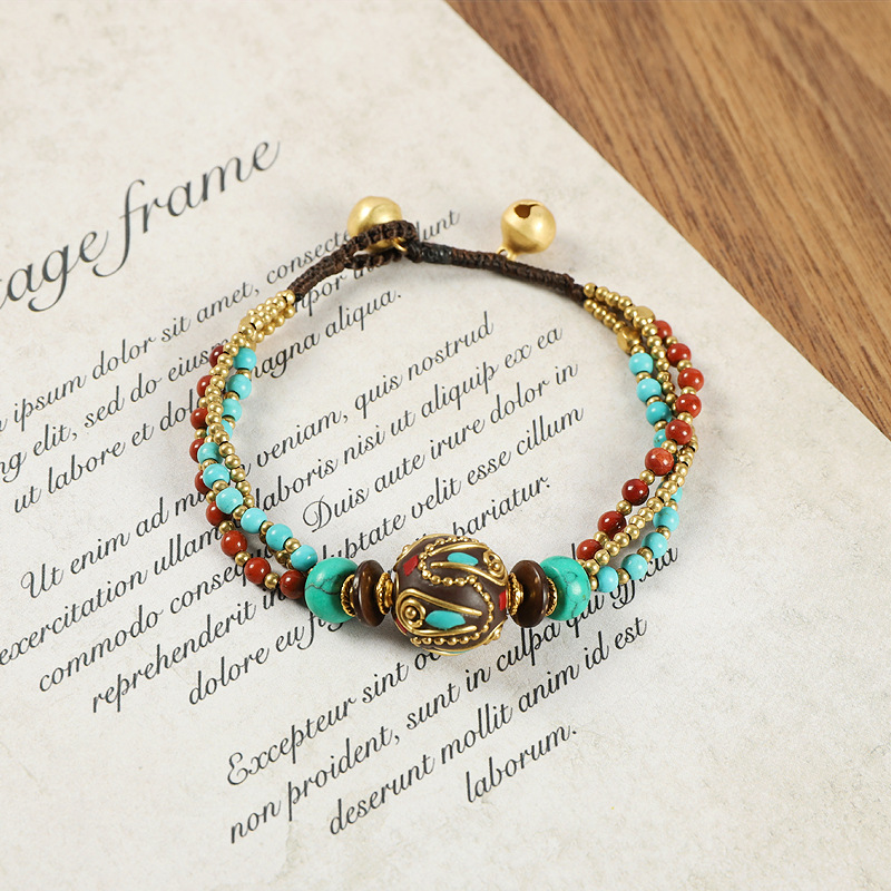 Nepalese Ancient Bronze Bead Bracelet, Women's Tibetan Woven Blue Bracelet - Picture 24 of 32