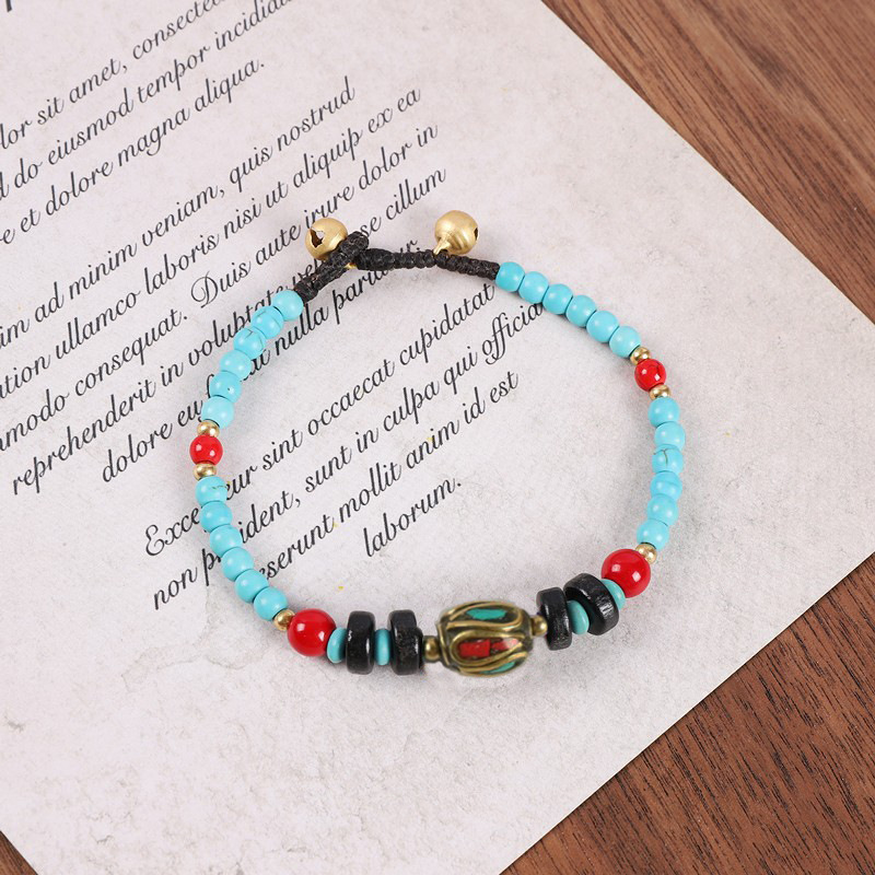 Nepalese Ancient Bronze Bead Bracelet, Women's Tibetan Woven Blue Bracelet - Picture 30 of 32