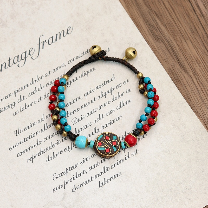 Nepalese Ancient Bronze Bead Bracelet, Women's Tibetan Woven Blue Bracelet - Picture 18 of 32