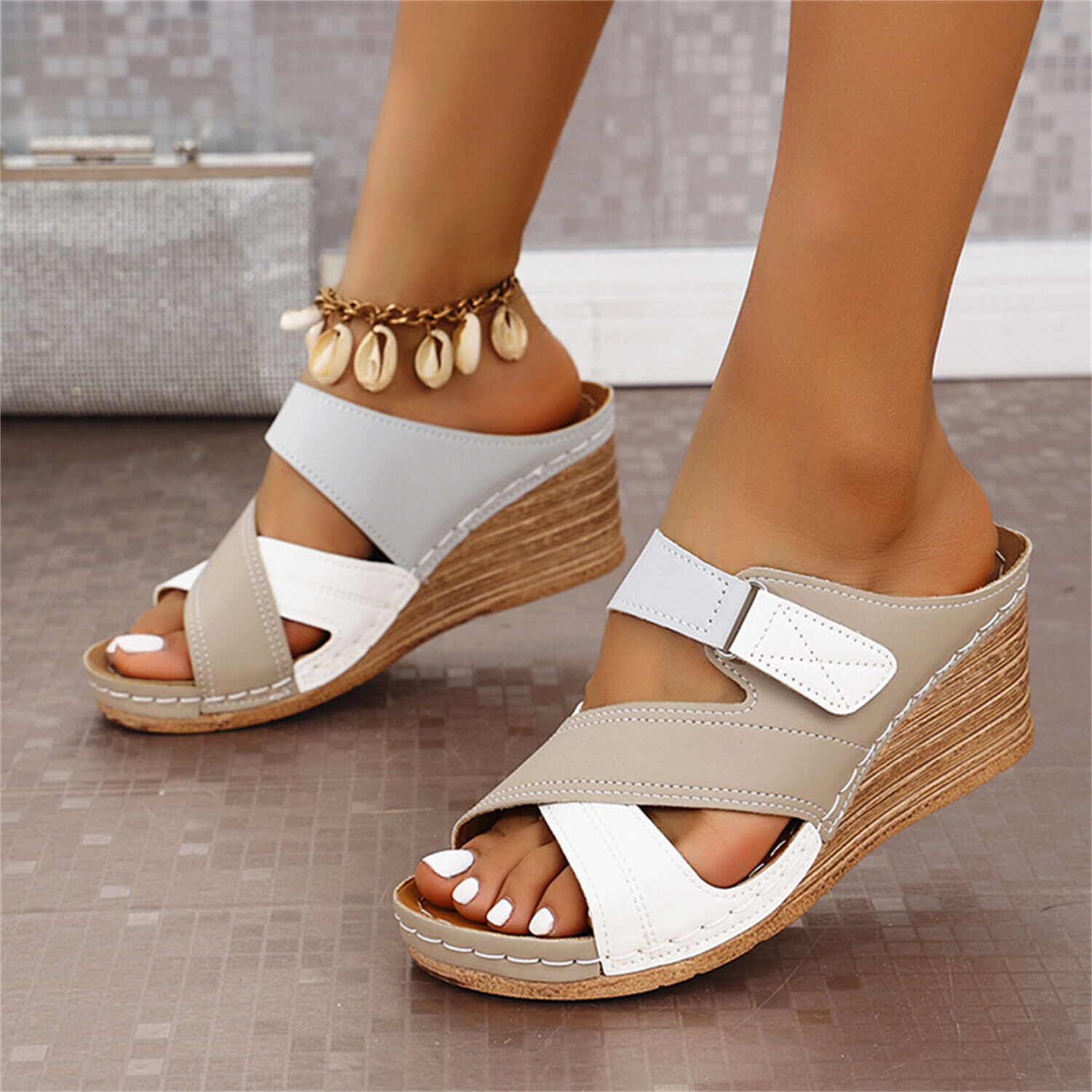 Damen Keilabsatz Espadrille Pantoletten Sandalen Colorblock Kreuzriemen Sommerschuhe - Bild 21 von 22