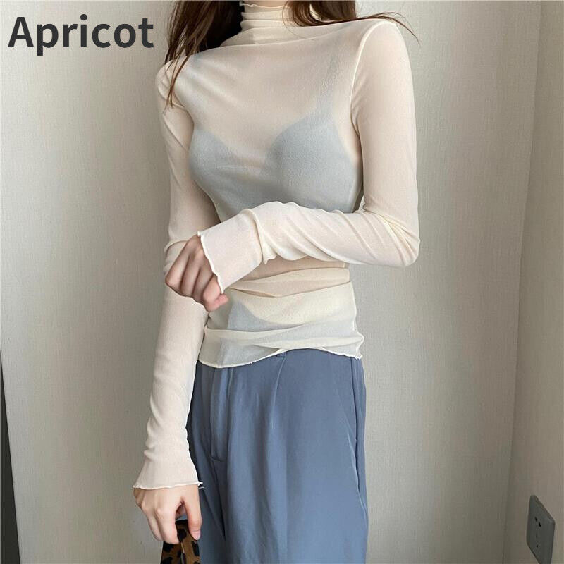 Women Lace T-shirts Mesh Shirt Tops Sheer High Neck Sexy Basic See Through - Picture 6 of 10