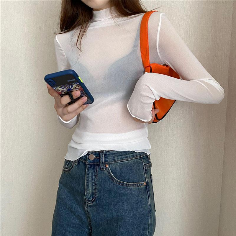 Women Lace T-shirts Mesh Shirt Tops Sheer High Neck Sexy Basic See Through - Picture 7 of 10