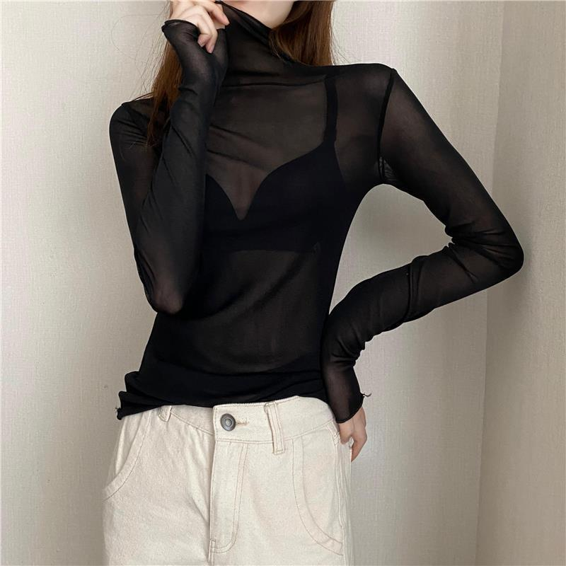 Women Lace T-shirts Mesh Shirt Tops Sheer High Neck Sexy Basic See Through - Picture 9 of 10