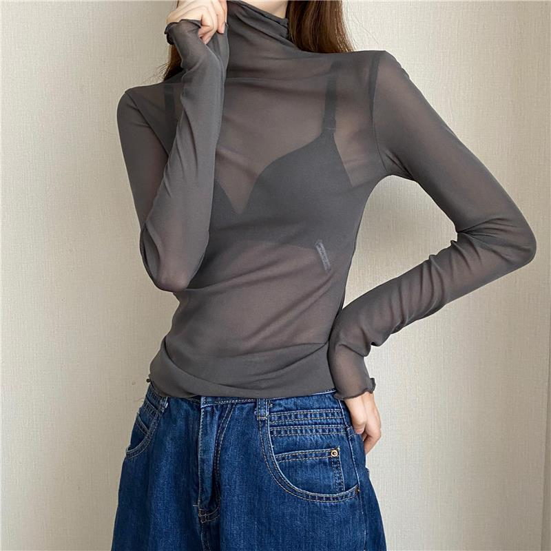 Women Lace T-shirts Mesh Shirt Tops Sheer High Neck Sexy Basic See Through - Picture 10 of 10
