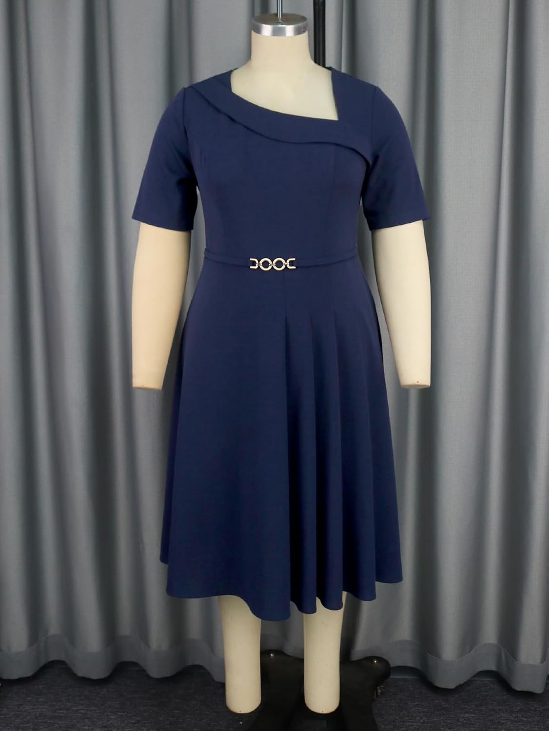 AOMEI Women Wear to Work Belted Pleated Dress Flared Short Sleeve V Neck Dresses - Picture 11 of 13
