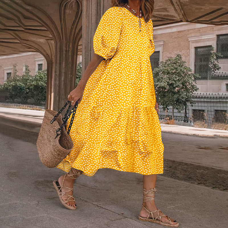 Womens Elegant Shirt Dress Polka Dot Midi Tunic Dress Holiday Party Sundress US
