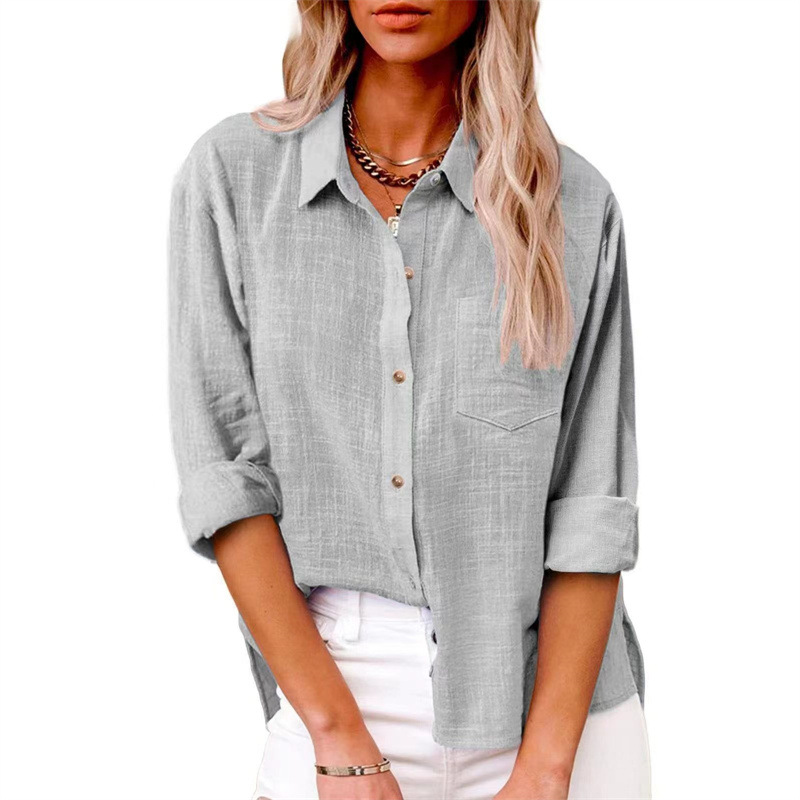 Damen Baumwolle Leinen Button Down Hemd 2024 Herbst Freizeit Langarm Oberteile mit Tasche - Bild 25 von 36