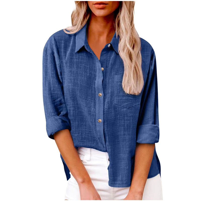 Damen Baumwolle Leinen Button Down Hemd 2024 Herbst Freizeit Langarm Oberteile mit Tasche - Bild 28 von 36