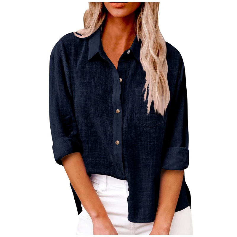 Damen Baumwolle Leinen Button Down Hemd 2024 Herbst Freizeit Langarm Oberteile mit Tasche - Bild 29 von 36