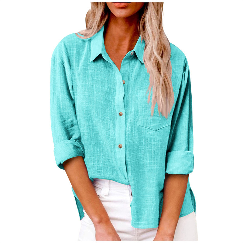Damen Baumwolle Leinen Button Down Hemd 2024 Herbst Freizeit Langarm Oberteile mit Tasche - Bild 31 von 36